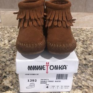 MinneTonka moccasins double fringe bootie